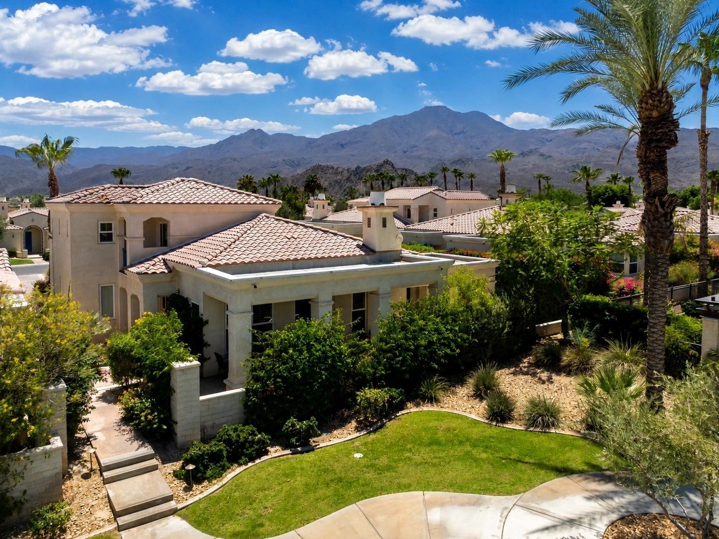 Suburban homes with mountain backdrop and palm trees